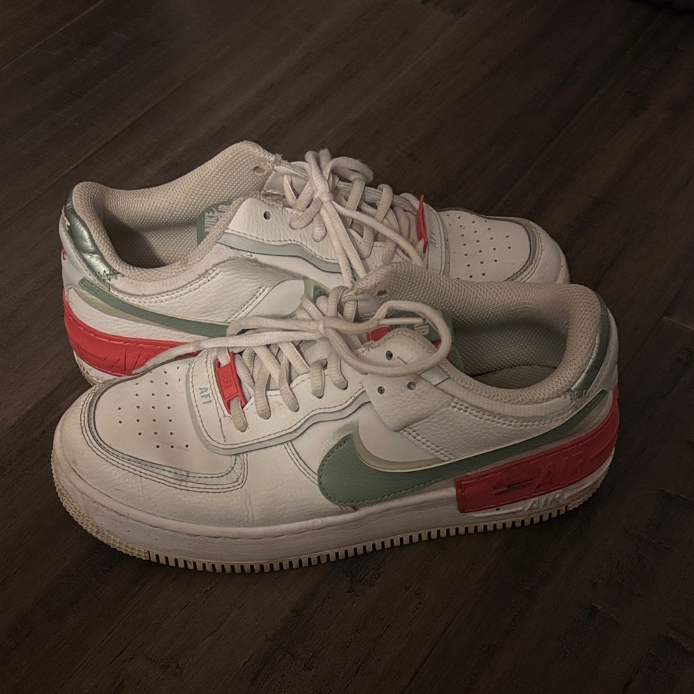 Nike White and Green Shoes with Red Details